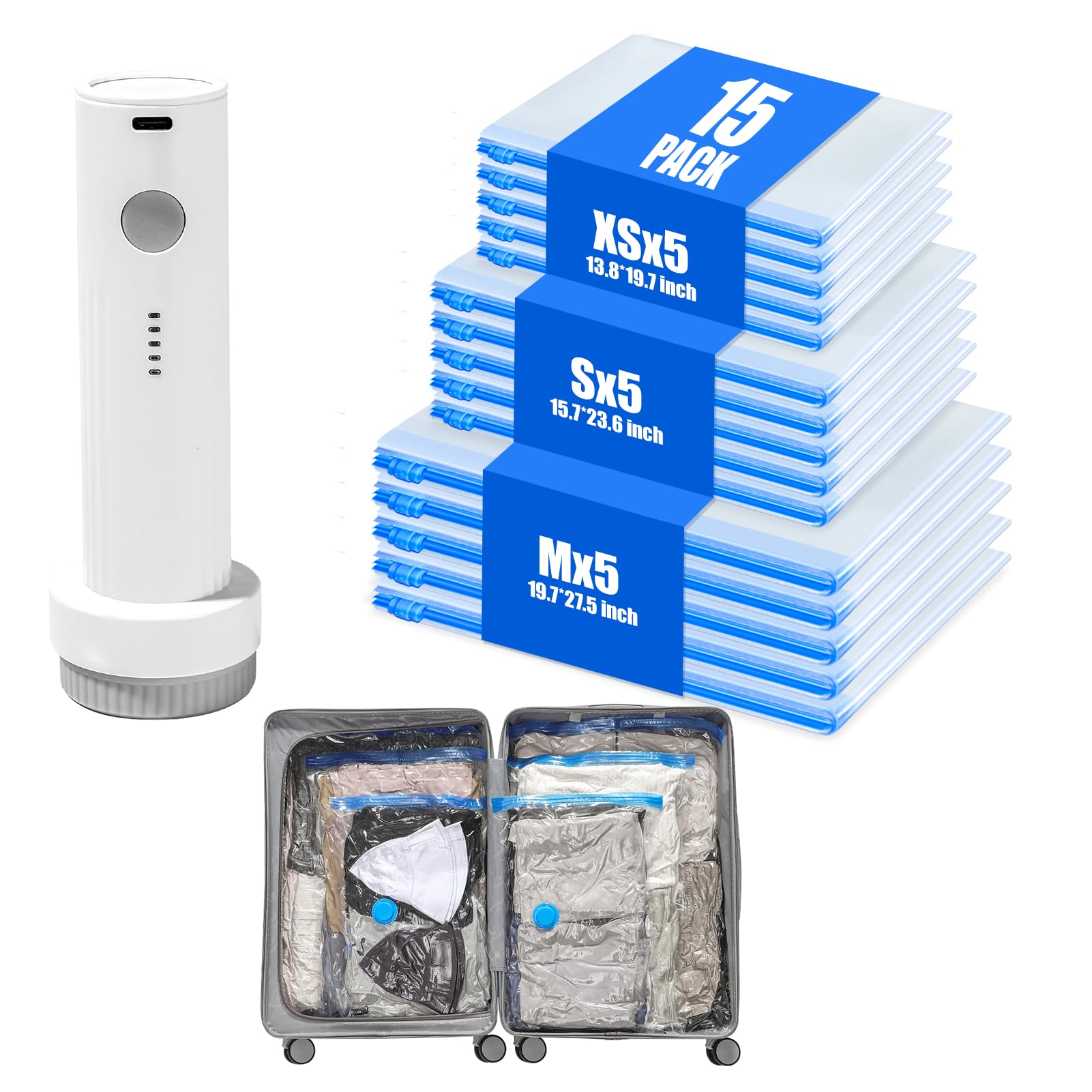 MUIMUICHU Vacuum Storage Bags for Travel - 15 Pack Compression Packing with Wireless Electric Pump for Luggage Vacuum Seal Bags for Clothes Space