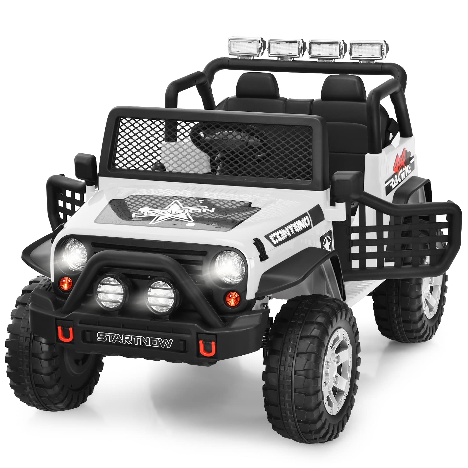 GYMAX Kids Ride on Car, 12V Battery Powered Car with Remote Control, Lights, Music, Radio, Horn, Safety Belt, Spring Suspension & Slow Start, Children Electric Truck for Boys Girls (White)