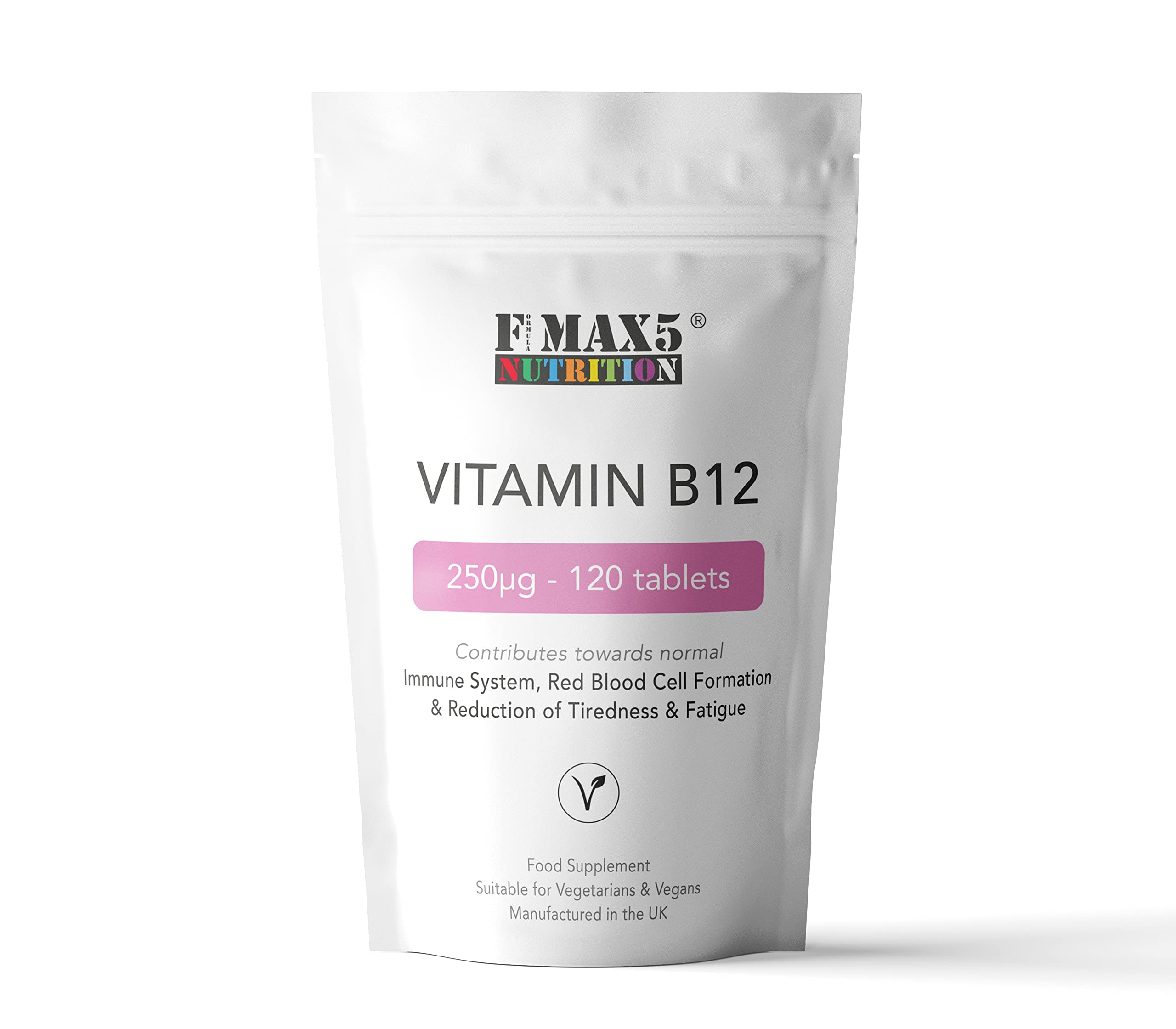 Vitamin B12 250mcg µg x 120 Tablets - Vegan - High Strength Energy - Contributes to Reduction in Fatigue and Tiredness - UK Made - FMax5