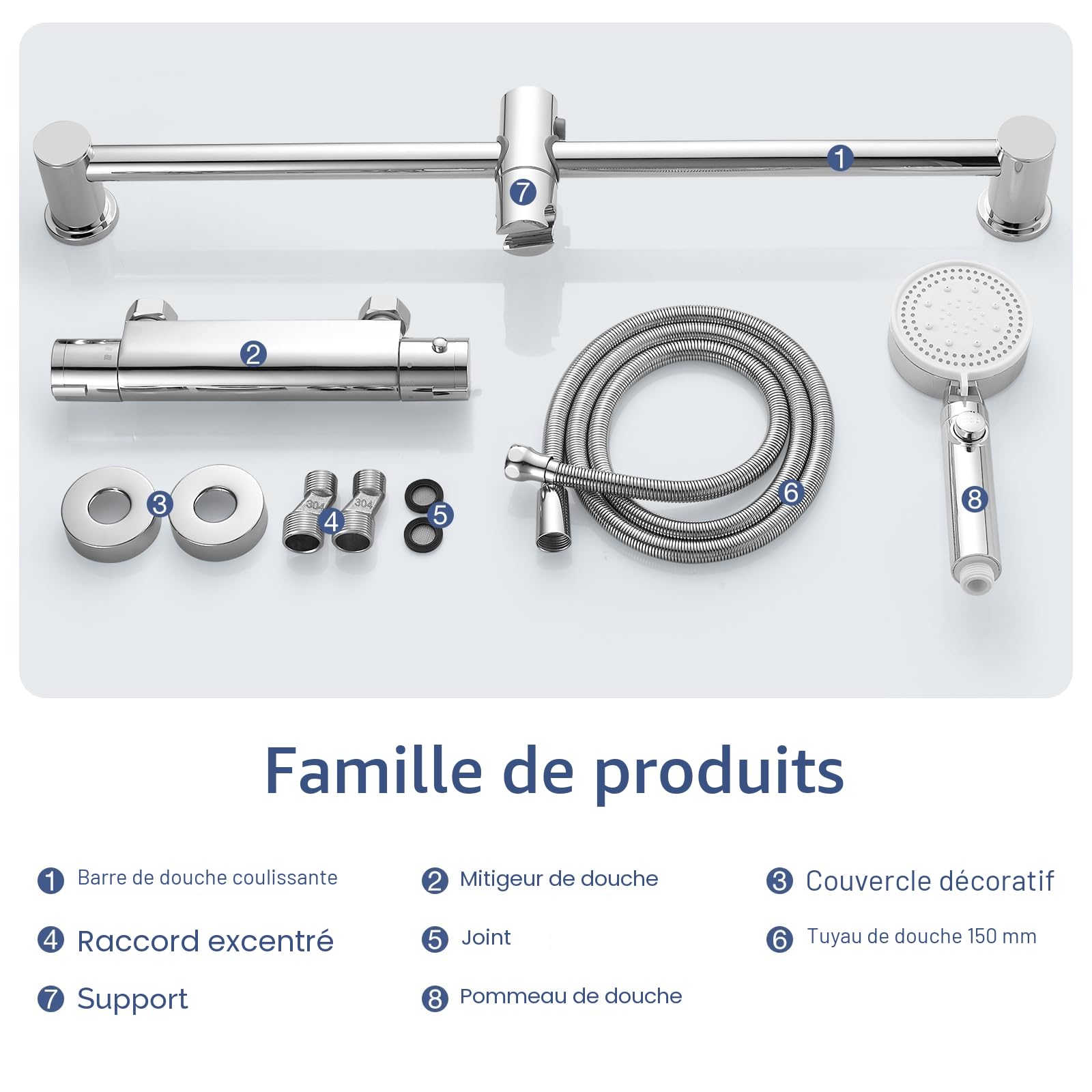 Mitigeur Thermostatique Ensemble de Douche, Bevankly Mitigeur Douche Thermostatique Mural, Colonne de Douche 635mm avec Flexible | Douchette 5 Jets | Support, Laiton, Chromé