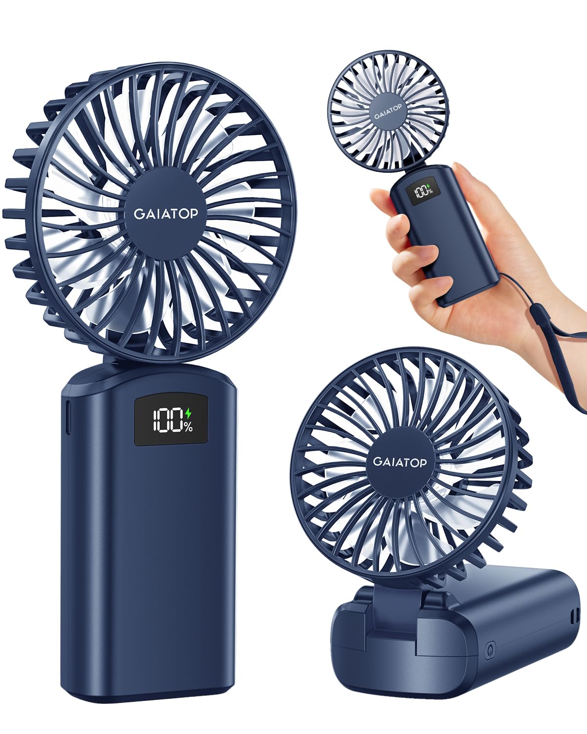Gaiatop Portable Handheld Mini Fan, 4000mAh Battery, 7110RPM High Speed, 3 Gears, LED Display, USB Rechargeable, Navy Blue
