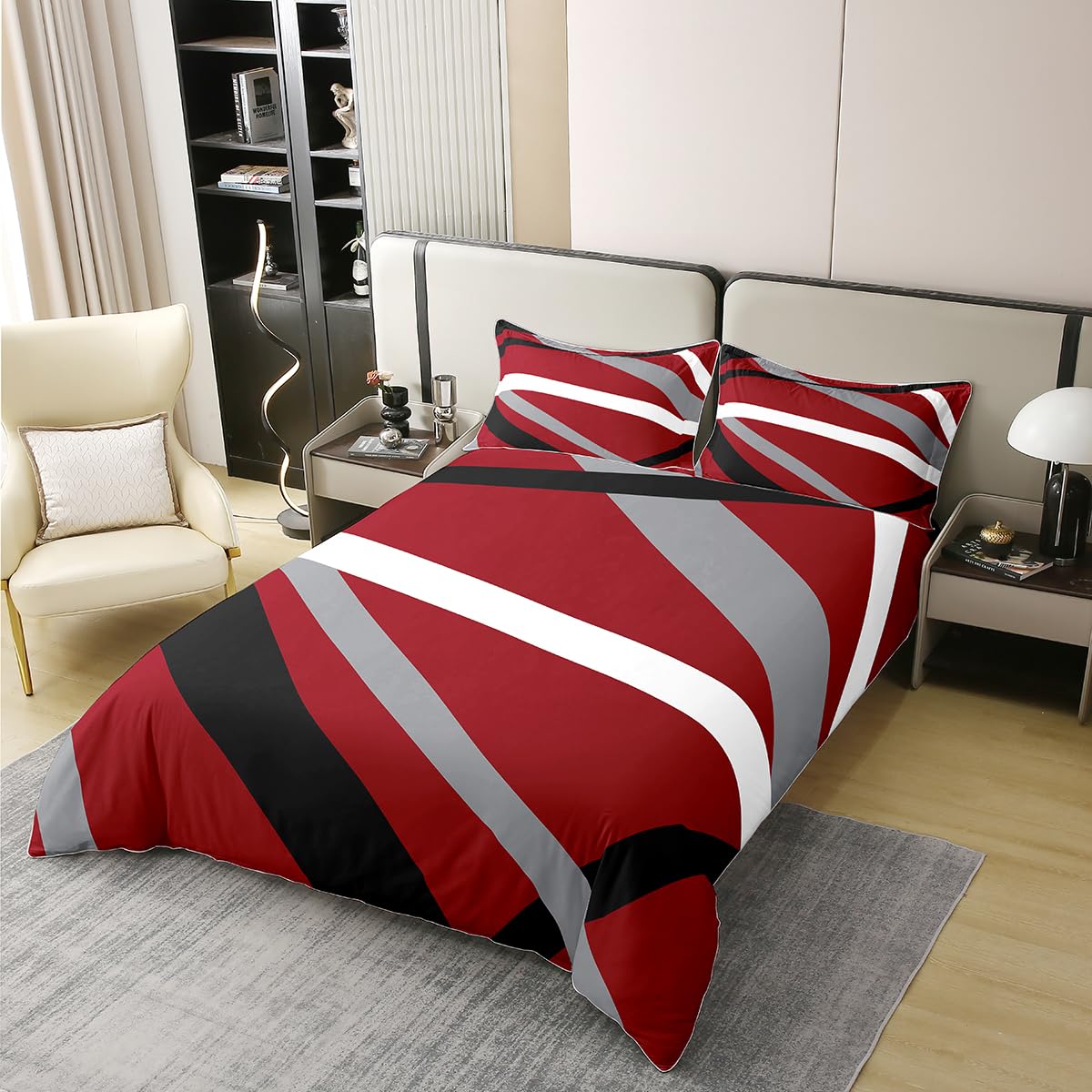 Red and Gray Black 100% Cotton Duvet Cover Set King Size Kids Modern Abstract Geometric Bedding Set Women Men Stripe Line Pattern Decor Comforter