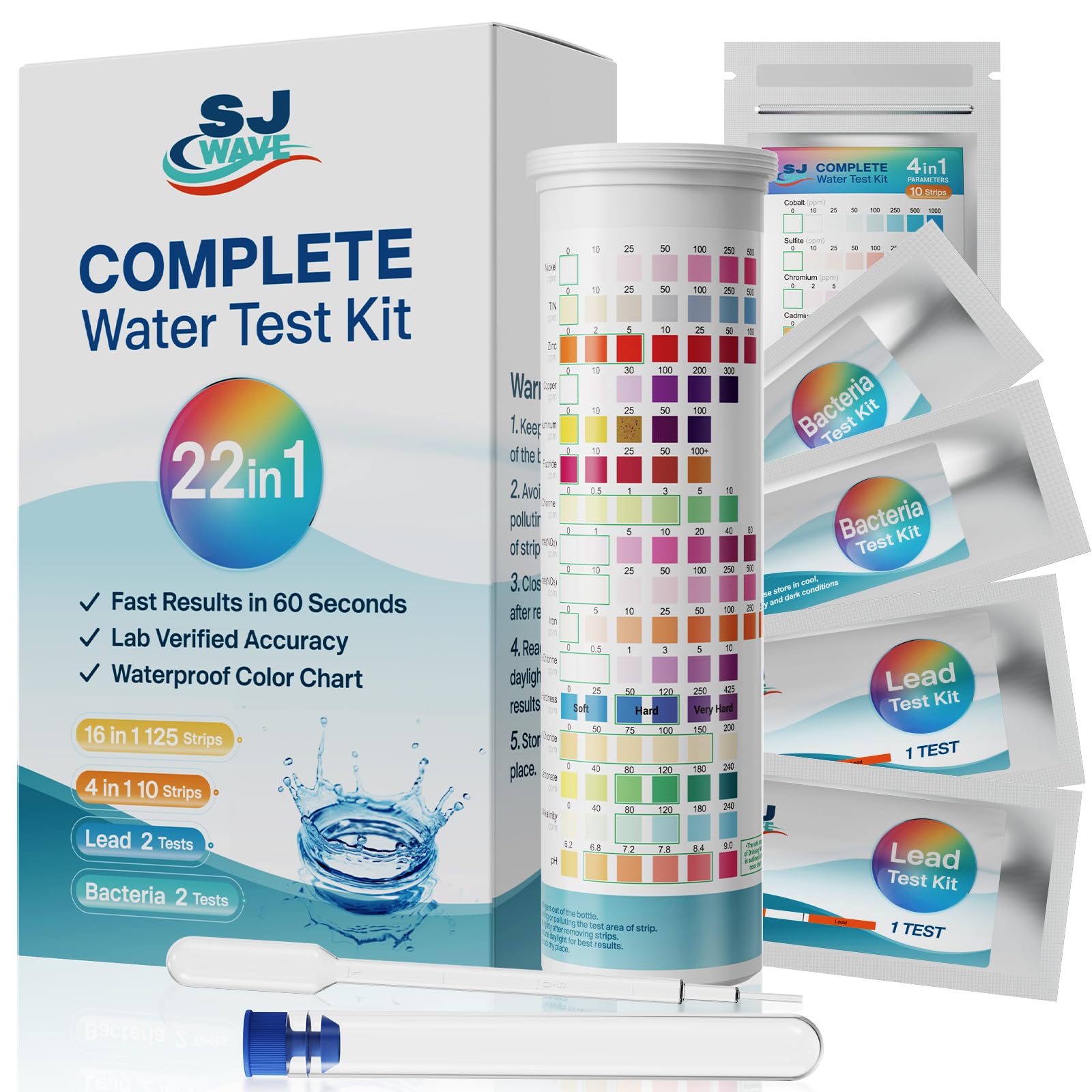 SJ WAVE 22 in 1 Water Test Kits - 125 Strips Drinking Water Test Kit, Home Tap and Well Water Tester for Bacteria pH Hardness Lead Iron Copper Chlorine Cyanuric Acid