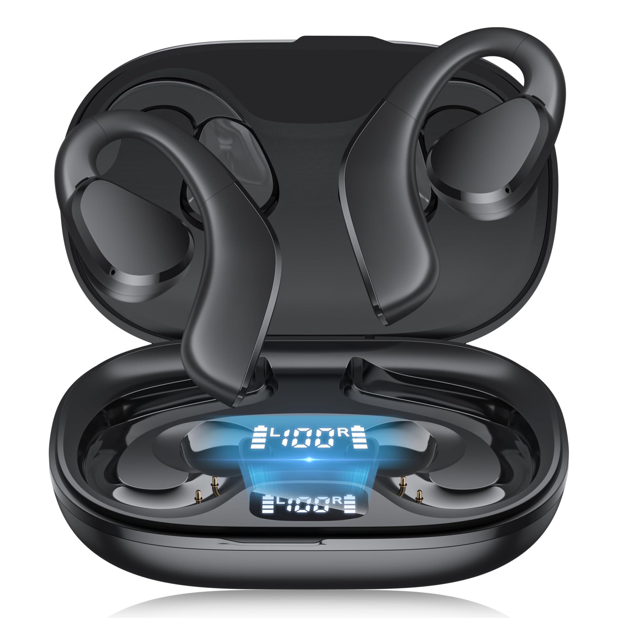 TTQ Open Ear, Open Ear True Wireless Headphones Bluetooth 5.3, Sports with Earhooks & Mic, 60H Playtime, Wireless Charging Case & LED Display,
