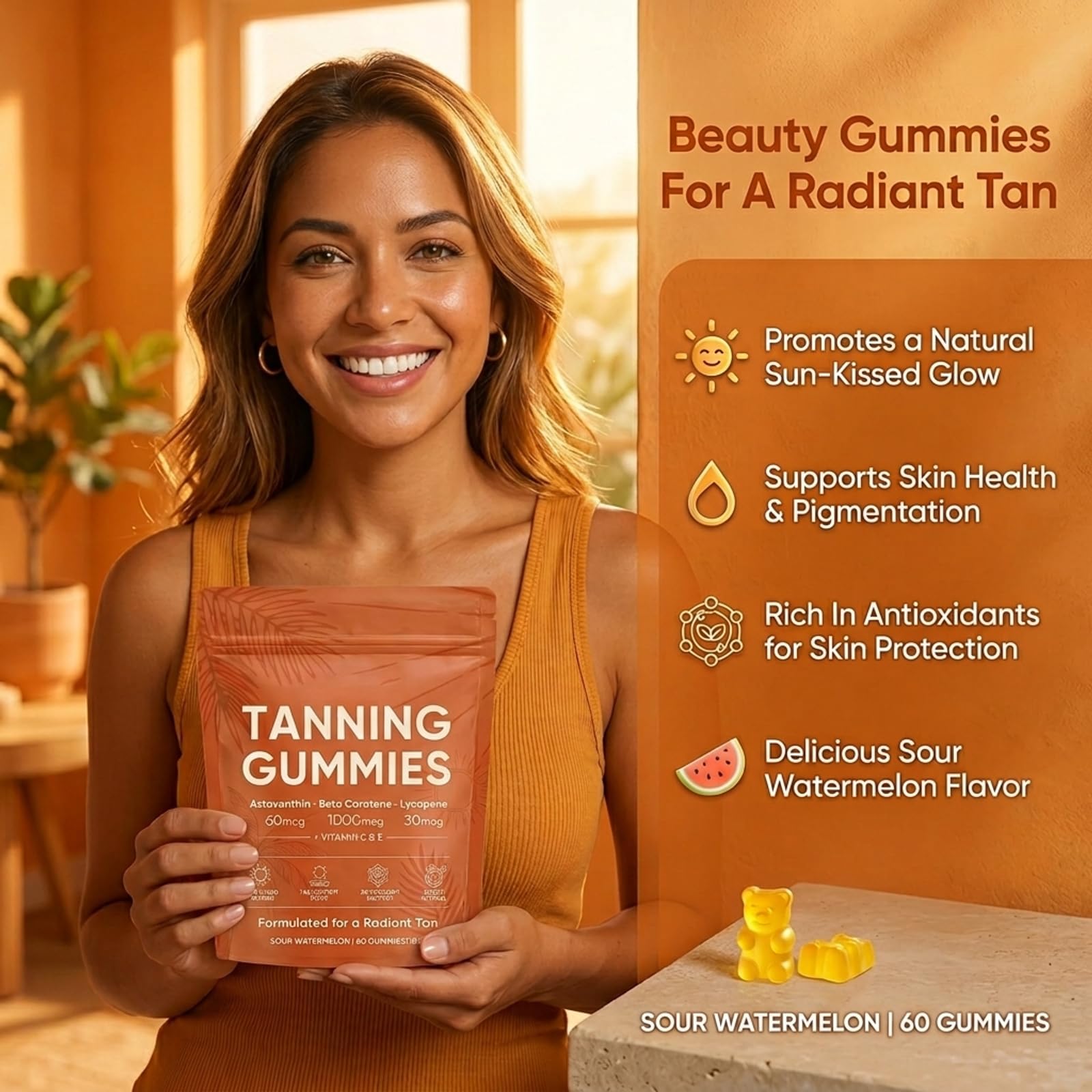 Gummies Abbronzanti da Donna, Tanning Gummies Women, Abbronzatura Rapida Senza Sole, Astaxantina, Miscela di Beta-Carotene e Licopene, Luminosità e Idratazione Della Pelle per un Bagliore Naturale (3)