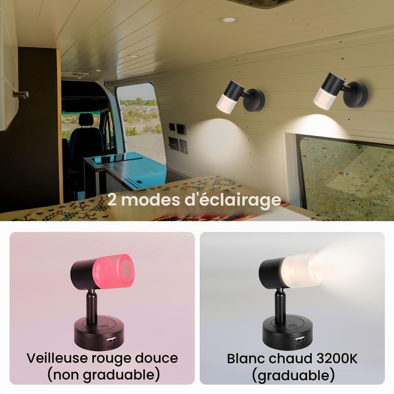 acegoo Lampe de Lecture LED 12V Camping-Car avec Chargeur USB Lit Murale Chevet Spot, Dimmable DC12-24V pour Bateau Cabine Camion Van Caravane Éclairage Intérieur, 3200K Noir