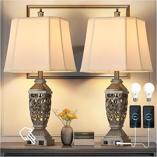 Miniatura 7 de Juego de 2 lámparas de mesa tradicionales táctiles de 29.5 pulgadas de alto, lámparas de mesita de noche vintage con doble USB y luz nocturna, 3