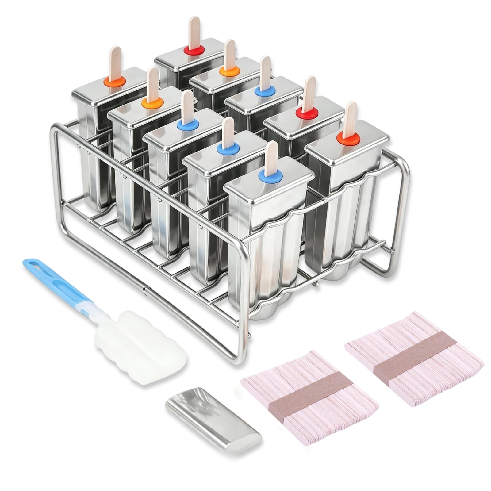 Moule à Popsicle, 10 Moules en Acier Inoxydable Moule à Glace Pop Lolly Popsicle 100Pcs Porte-Bâton avec Brosse de Nettoyage pour Smoothies au Yaourt DIY (Tête ronde)