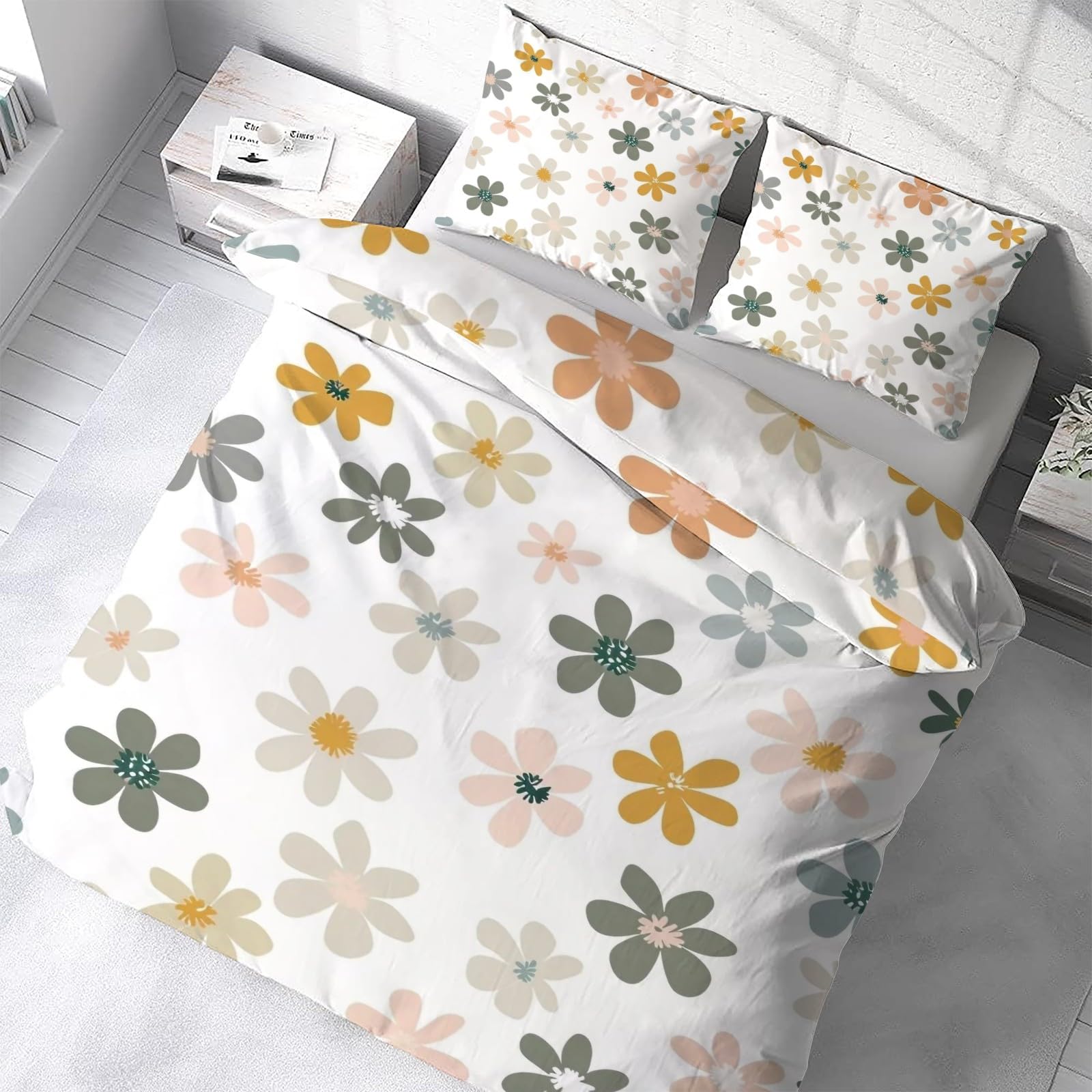 Housse de couette 220x240 fleurs avec ses 2 taies d'oreiller en microfibre respirante