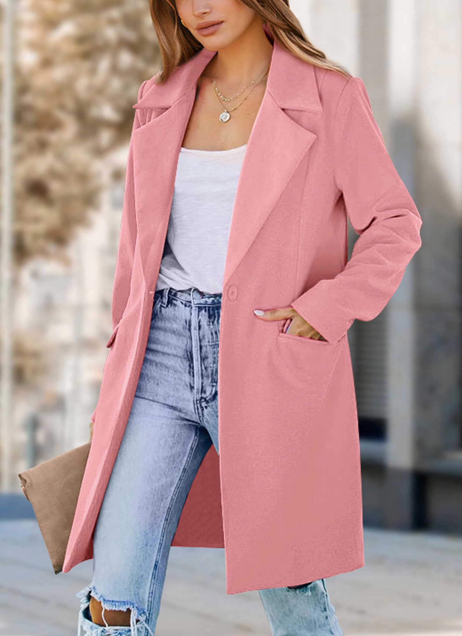 PRETTYGARDEN Women's Business Casual Long Blazer Jackets(Dusty Pink,M) view 7