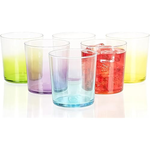 Red Co. Set of 6 Clear 11.75 Oz Rocks Lowball Glasses with Fading Multicolor Bases