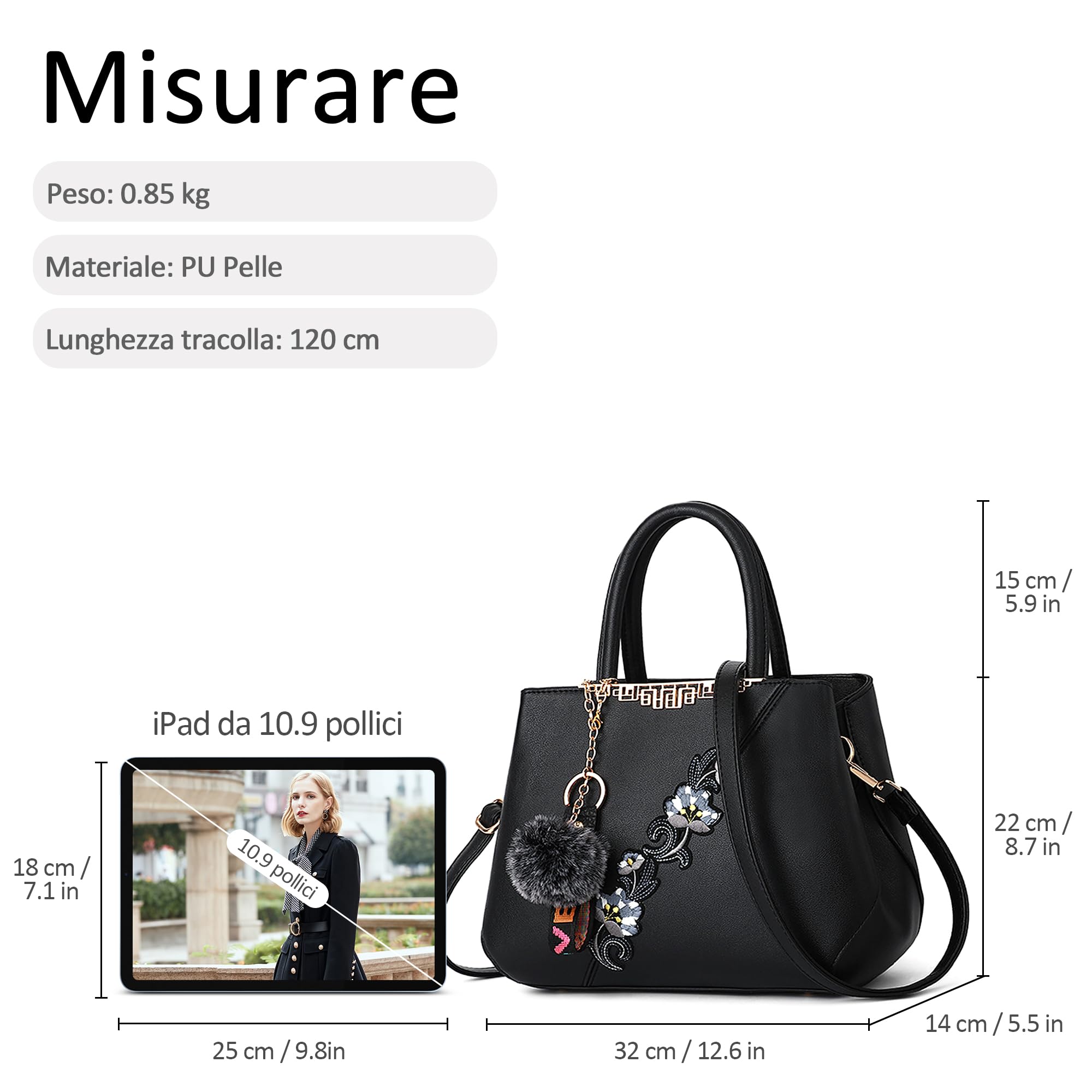 Borsa Donna a Mano, Borsa a Tracolla Elegante in Pelle PU, Borsa a Spalla Donna Grande con Ricamo Floreale e Pompon per Lavoro, Shopping, Viaggio e Uso Quotidiano Nero A
