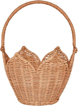 Scalloped Basket, Scalloped Edge Round Basket with Handle, Wicker Baskets for Storage, Hand Woven Shelf Baskets for Bathroom, Bedroom Organizing Natural Rattan B