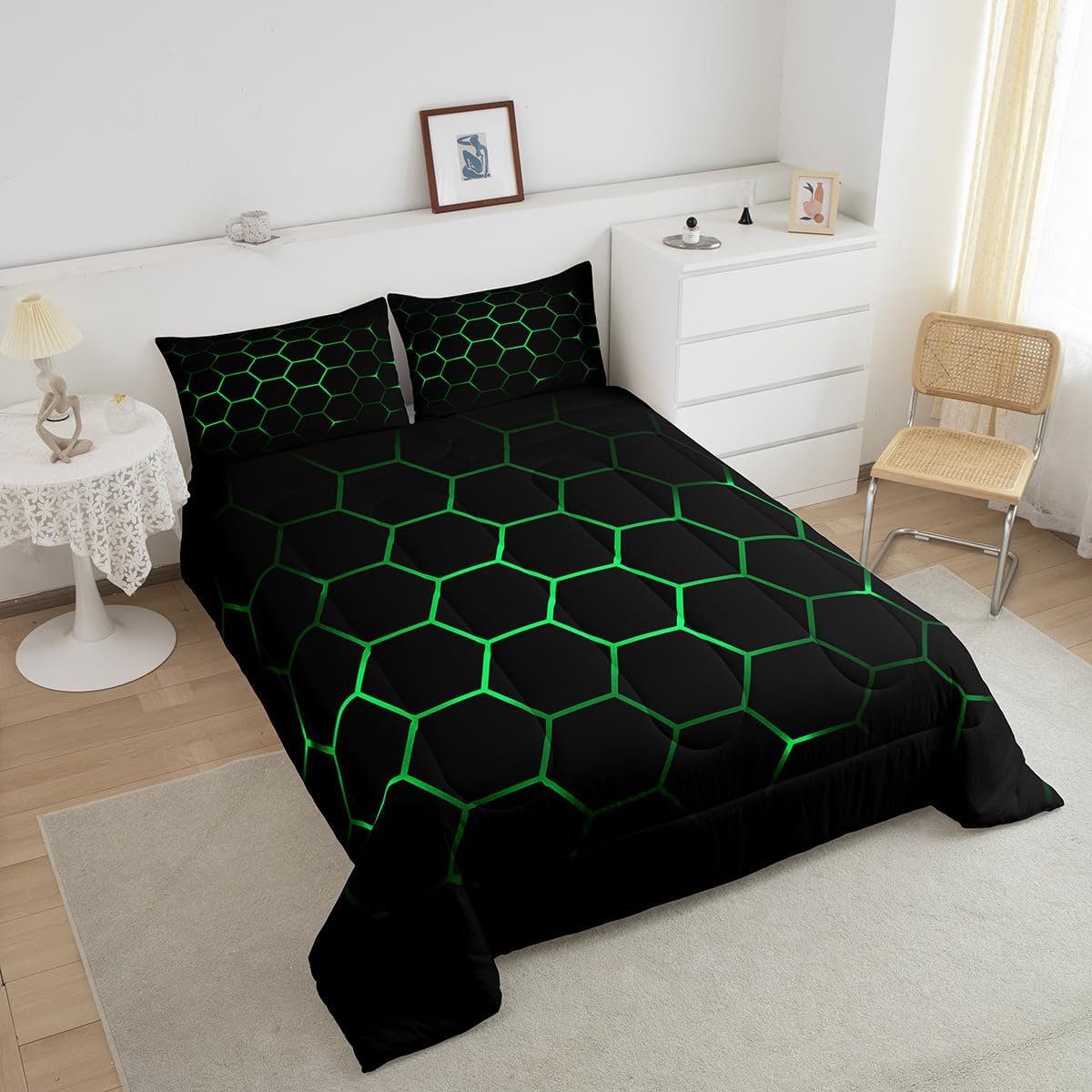 Feelyou Hexagonal Bedding Set 3D Geometric Honeycomb Comforter Set for Kids Boys Girls Luxury Beehive Hexagon Comforter Neon Green Black Decor Quilt Set Bedroom Collection 2Pcs Twin Size