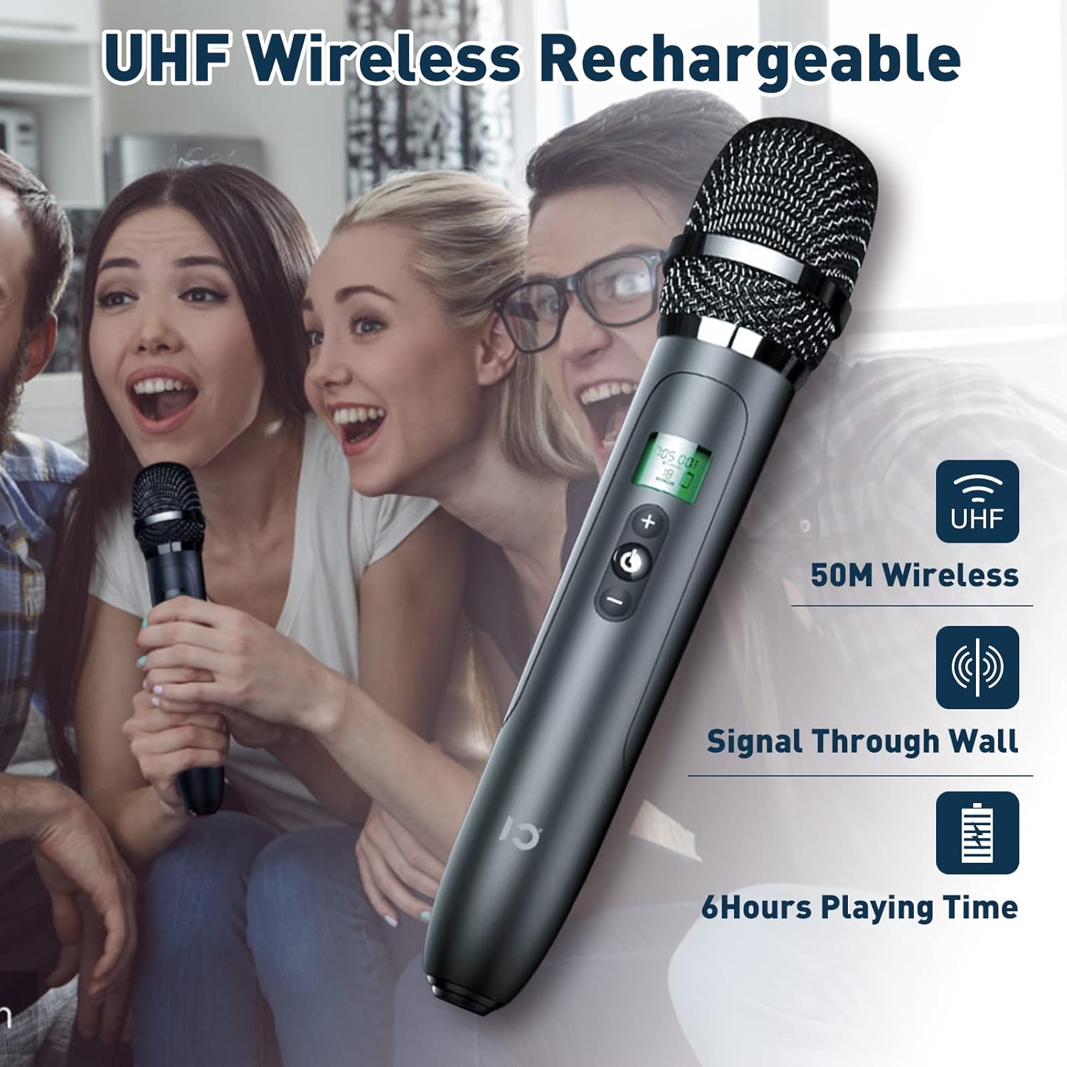 UHF wireless microphone in use with people singing