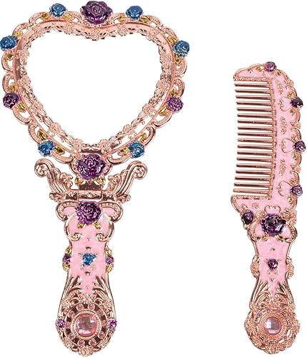 Nerien Juego de peine de espejo antiguo, espejo de mano de metal vintage, con forma de corazón, espejo de mano rosa en relieve con peine, espejo de