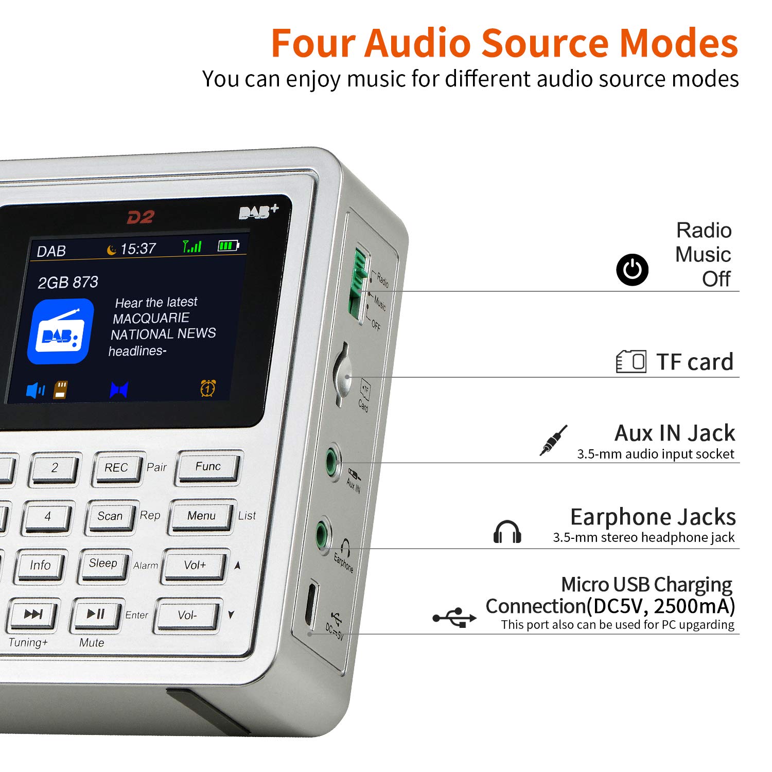 Radio compacte avec Dab+/FM, Lecture Audio, Heure/Alarme, Affichage Couleur, Bluetooth et Support multilingue. Idéal pour Les Voyages, Les entraînements ou l'utilisation en Cuisine. des possibilités