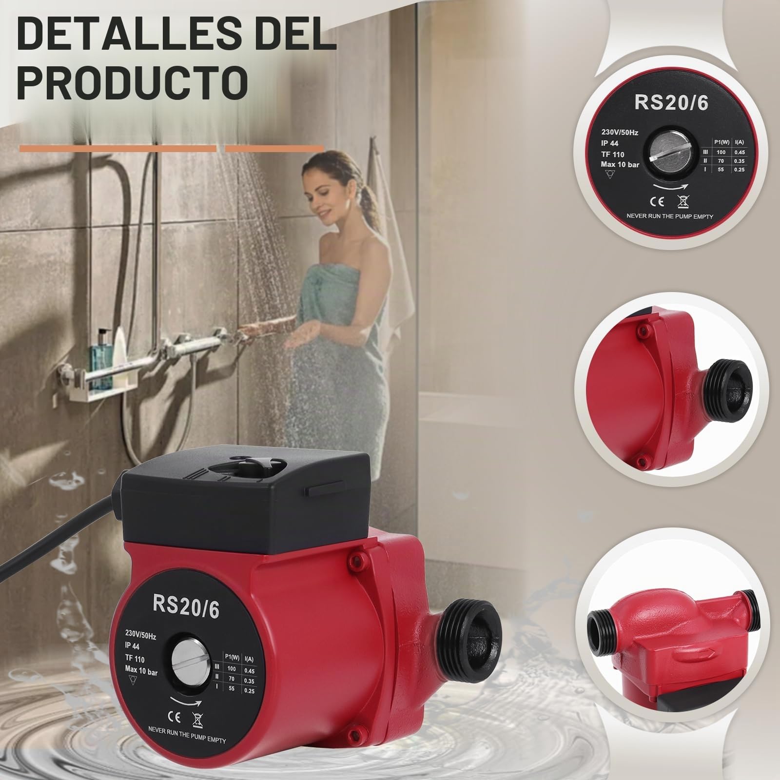 Bomba de Calefacción RS20-60/130mm para Calefacción Central y Calentadores de Agua Solar, Bomba de Circulación, Altura Máxima 6m, Funcionamiento Silencioso