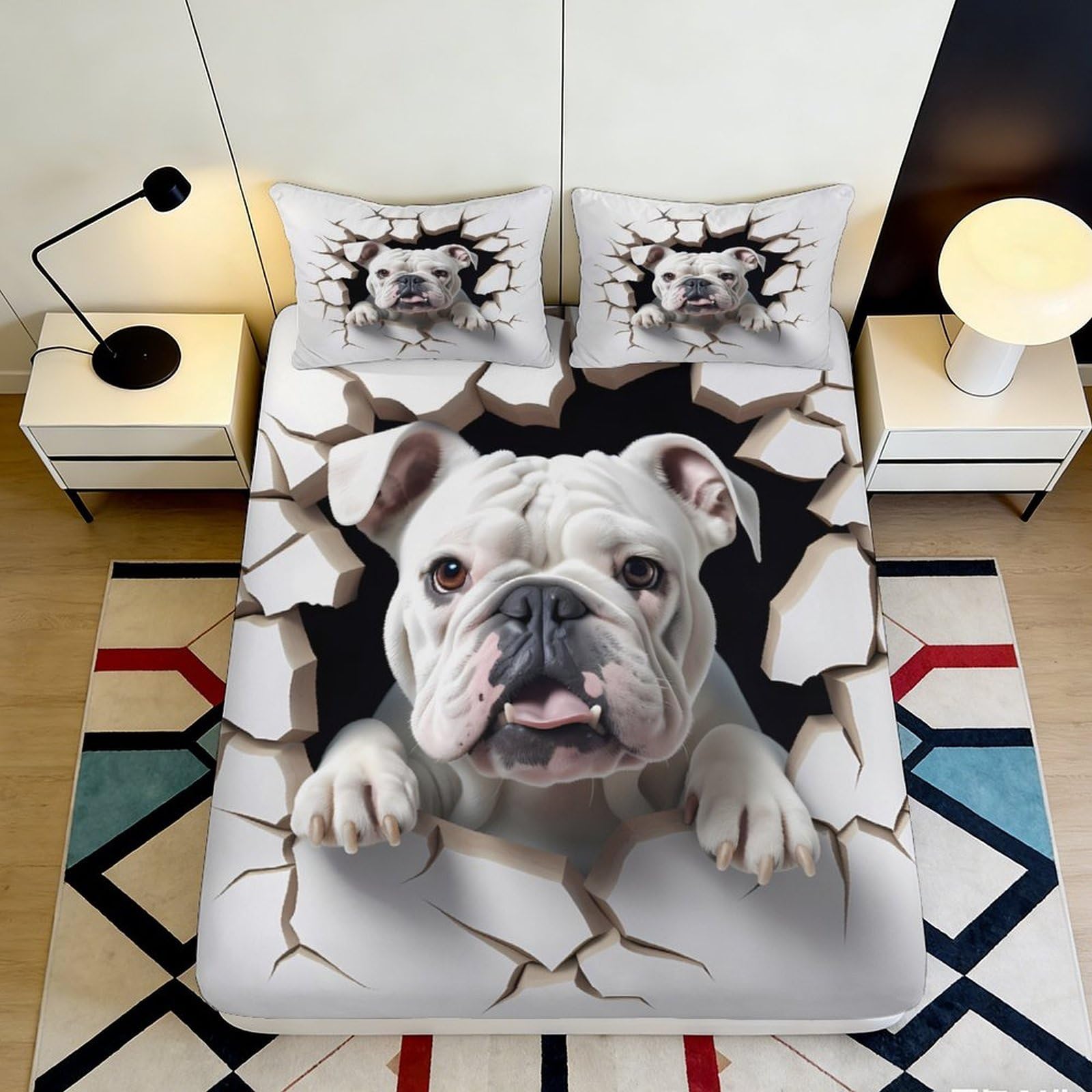 Decorative Bulldog Fitted Sheet 3D Printed, Microfiber soft touch, wrinkle resistant, guest room bedding, anti-slip, dustproof, easy machine wash, stylish home decor 90x200x25cm