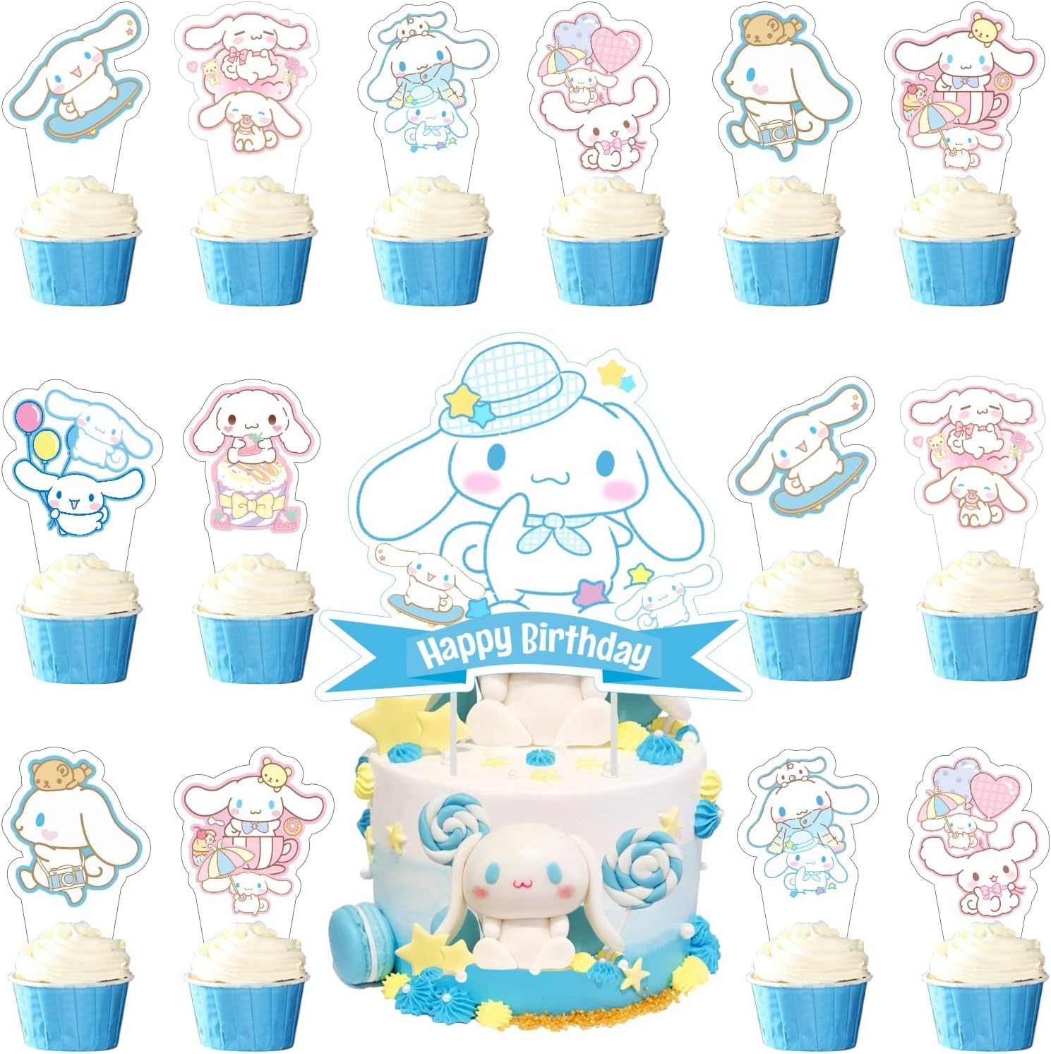 25 Pcs Cinnamoroll Cake Topper and Cupcake Toppers Set, Cinnamoroll Birthday Party Supplies for Cinnamoroll Birthday Decorations