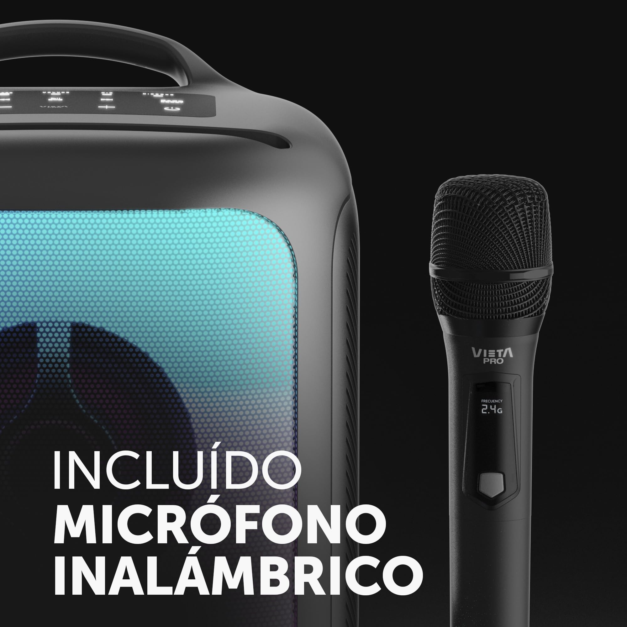 Vieta Pro Party 55 Enceinte Bluetooth 5.3 puissante 100 W avec lumières LED RVB, batterie 9H, TWS, USB, microSD, karaoké avec microphone et télécommande, double entrée microphone, portable pour fêtes