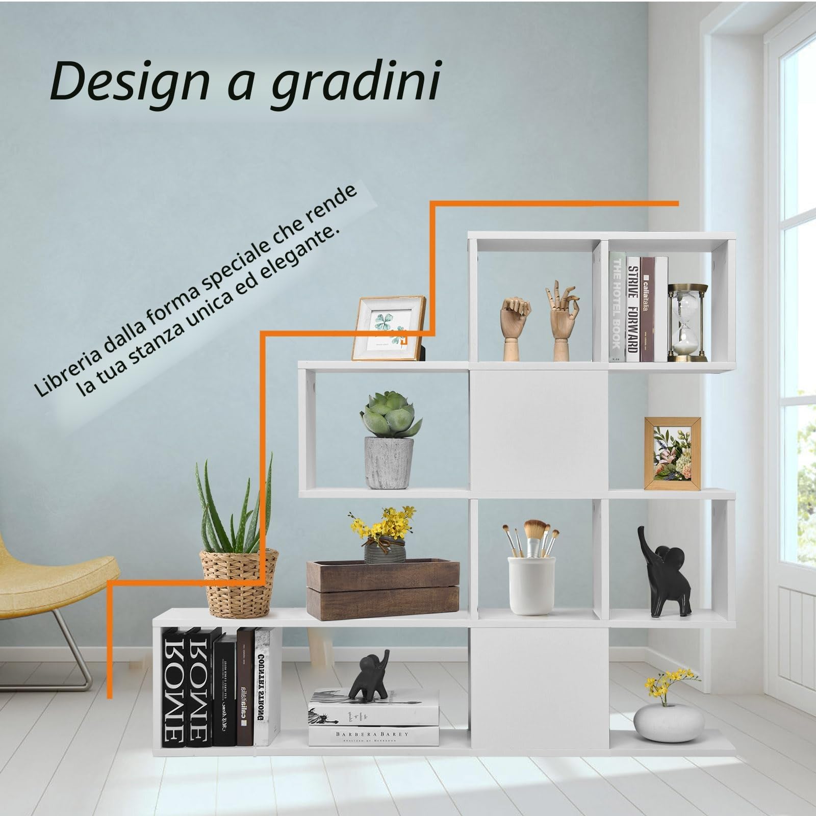 HOMASIS Libreria Scaffale a Forma di Mossa con 4 Livelli, Libreria Moderna Design in Legno, Divisorio Bifacciale Verticale per Soggiorno, Libreria Bianca a Forma di Scala, 120x19,5x109cm (Bianco)