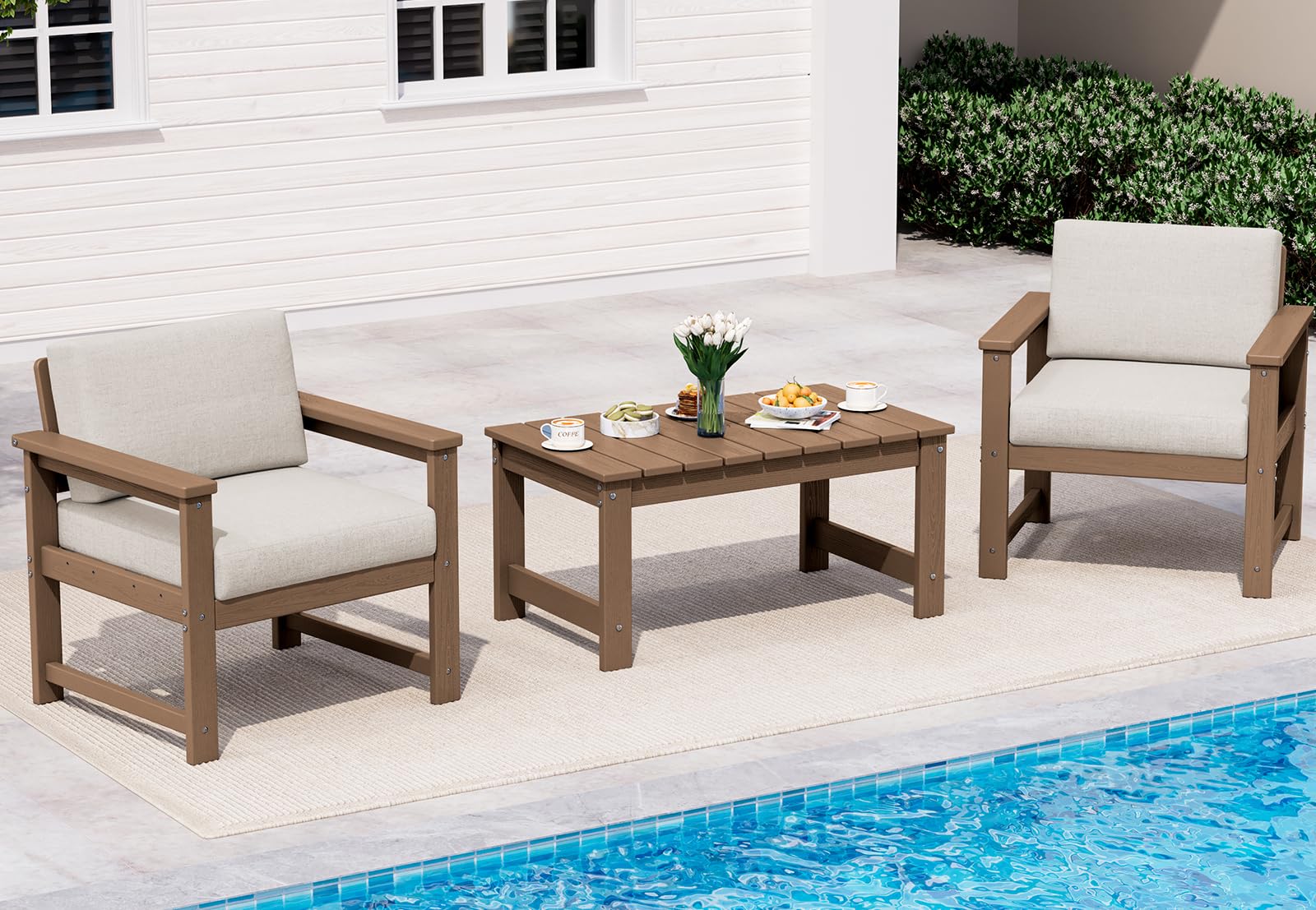 SERWALL 3 Pieces HDPE Outdoor Sofa Bistro Set with Cushions &amp; Coffee Table