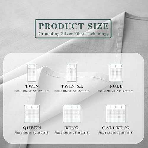 Miniatura 3 de Sábana bajera ajustable con cable de conexión a tierra, 5% fibra de plata pura y 95% algodón, bolsillo profundo, 18 pulgadas, 240 hilos