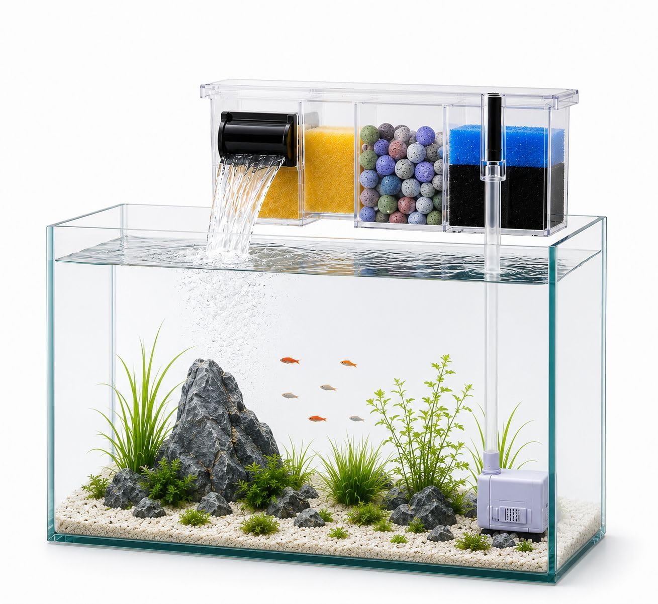 rizopets Multi Section bio top Filter watt 6-3-Chamber Aquarium Filter System with Mechanical, Chemical and Biological Filtration, Hanging Filter for Fish Tank watt 6 (BL-772)-image-28