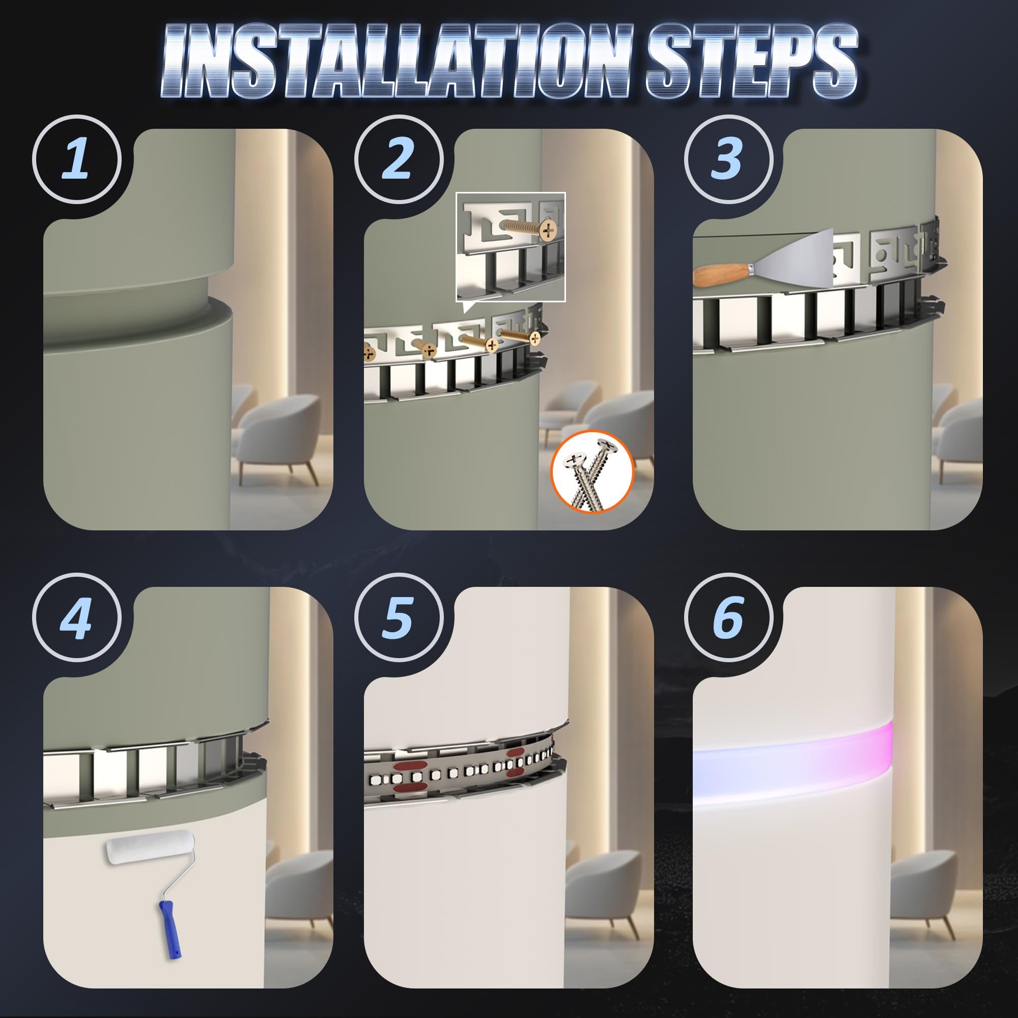 6 x Flexibles LED Profil 2m – Biegbares LED Trockenbauprofil Aluminium-Einbauprofil für Streifen bis 18 mm, Unterputzprofil für Decken & Wände, kreative Kurven, Kreise & S-Formen