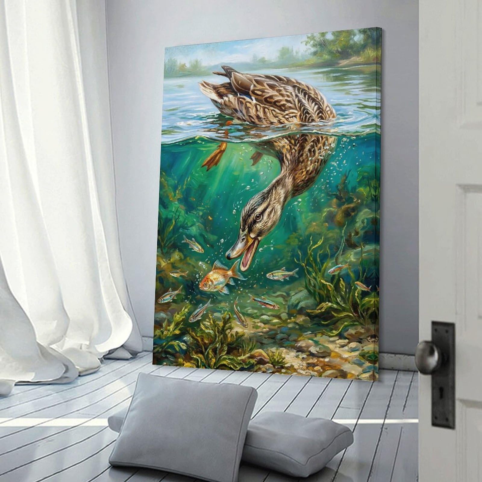 Junmoney Duck Diving for Fish Wall Art Print, 16x24inch(40x60cm), for Entrance Spaces, Stair Walls Or Halls, Home Artwork for First Impressions