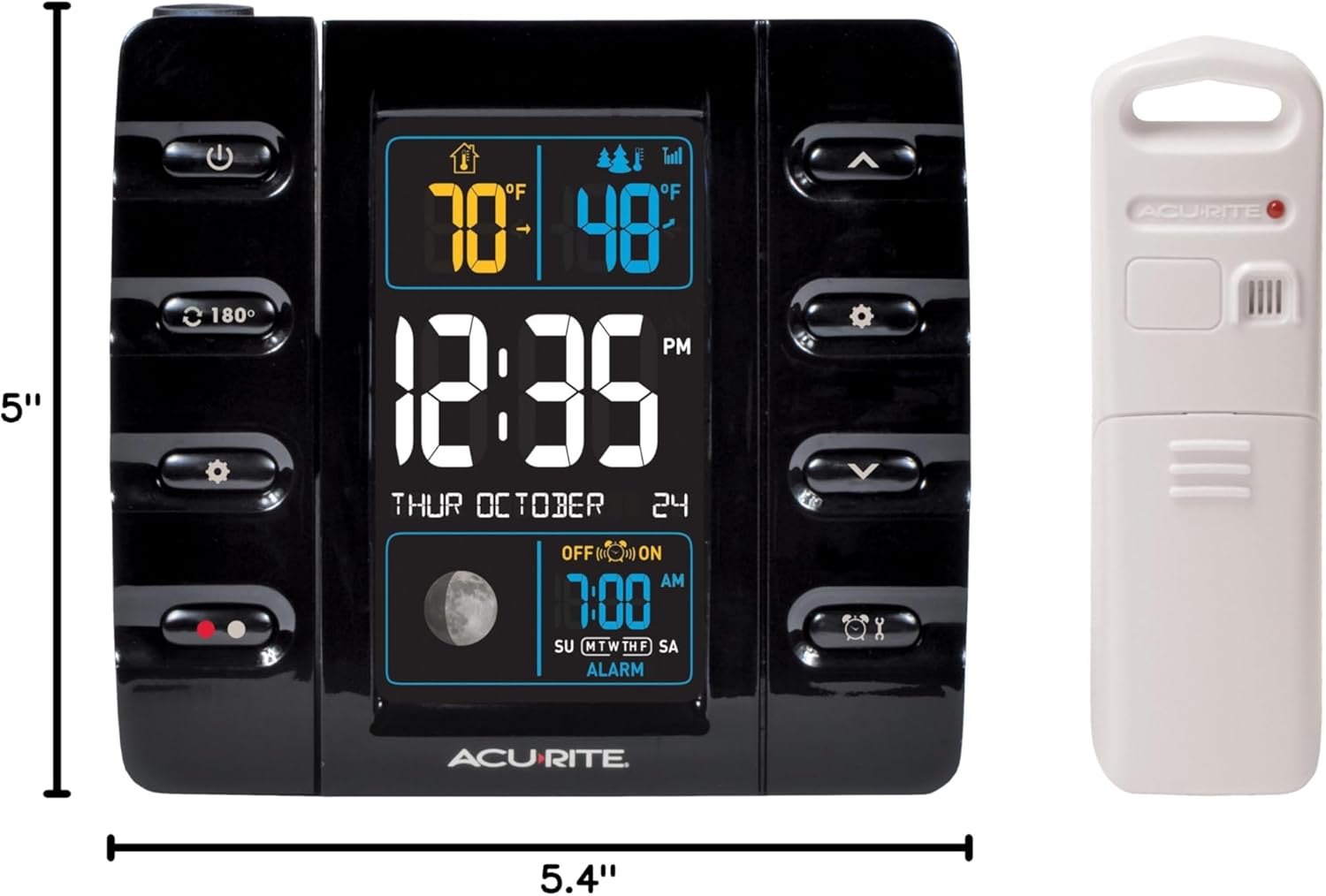 Dimensions of AcuRite 13020 alarm clock and wireless sensor