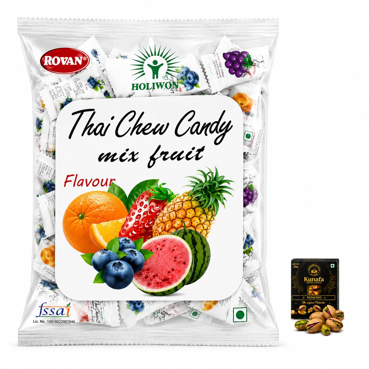 Rovan Holiwon Thai Chew Candy Mix Fruit Flavor Mixed Candy 300gm with Free Flavourito Kunafa Pistachio Chocolate Bar, 20g By Decadent Foods-image-23