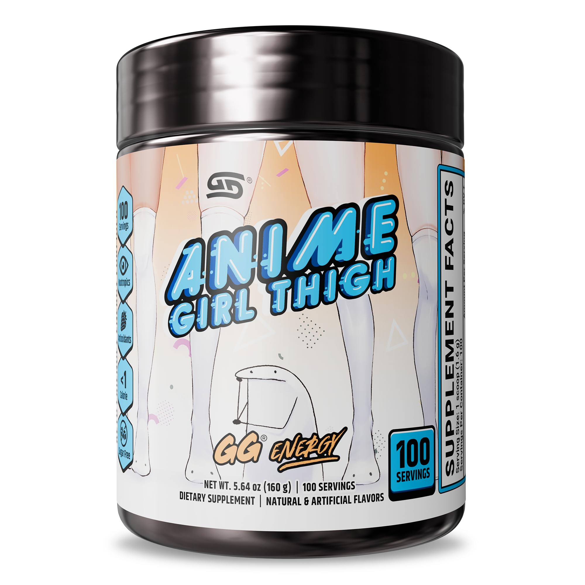 Gamer Supps, GG Energy Anime Girl Thigh (100 Servings) - Keto Friendly Gaming Energy and Nootropic Blend, Sugar Free + Organic Caffeine + Vitamins, Powder Drink