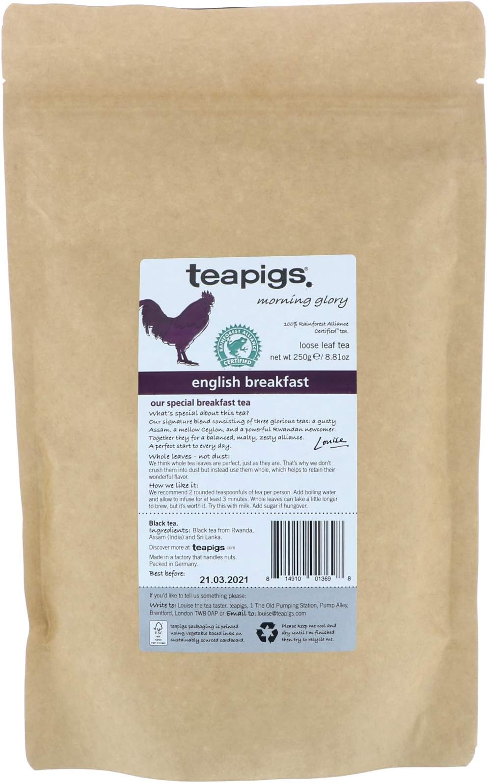 Teapigs English Breakfast Black Loose Tea Made With Whole Tea Leaves, Natural Ingredients, Non-GMO, Bold Morning Flavor – 1 Pack of 250g Loose Tea