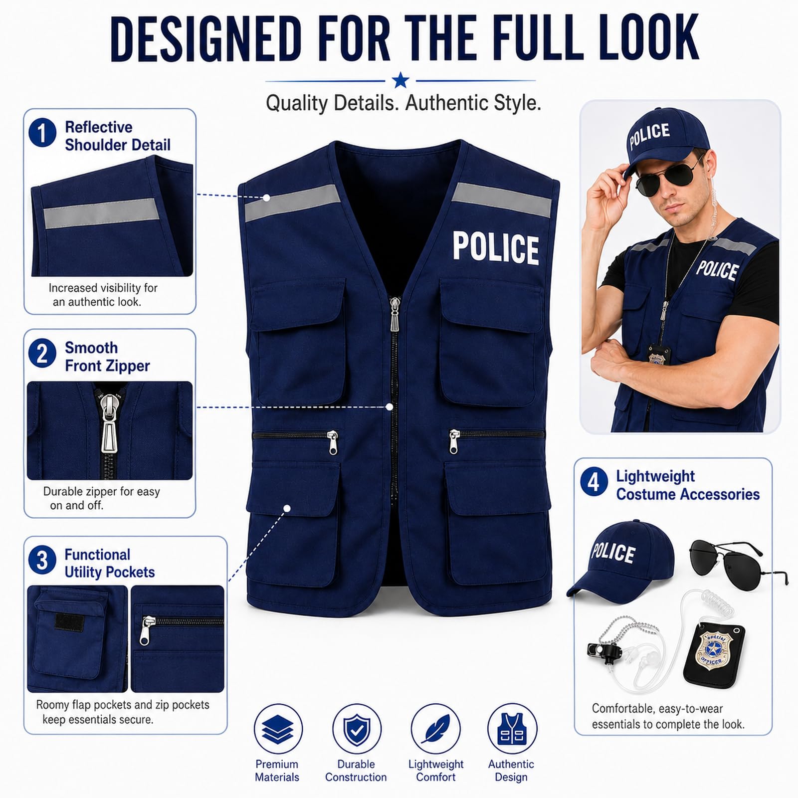 Polizei-Kostüm für Erwachsene, 5-teilig, Halloween-Polizisten-Kostüm, Herren, mit blauer Weste, Polizistenhut, Polizeiabzeichen, Kopfhörer, Brille, blaue Polizeiweste, Cosplay-Outfit für