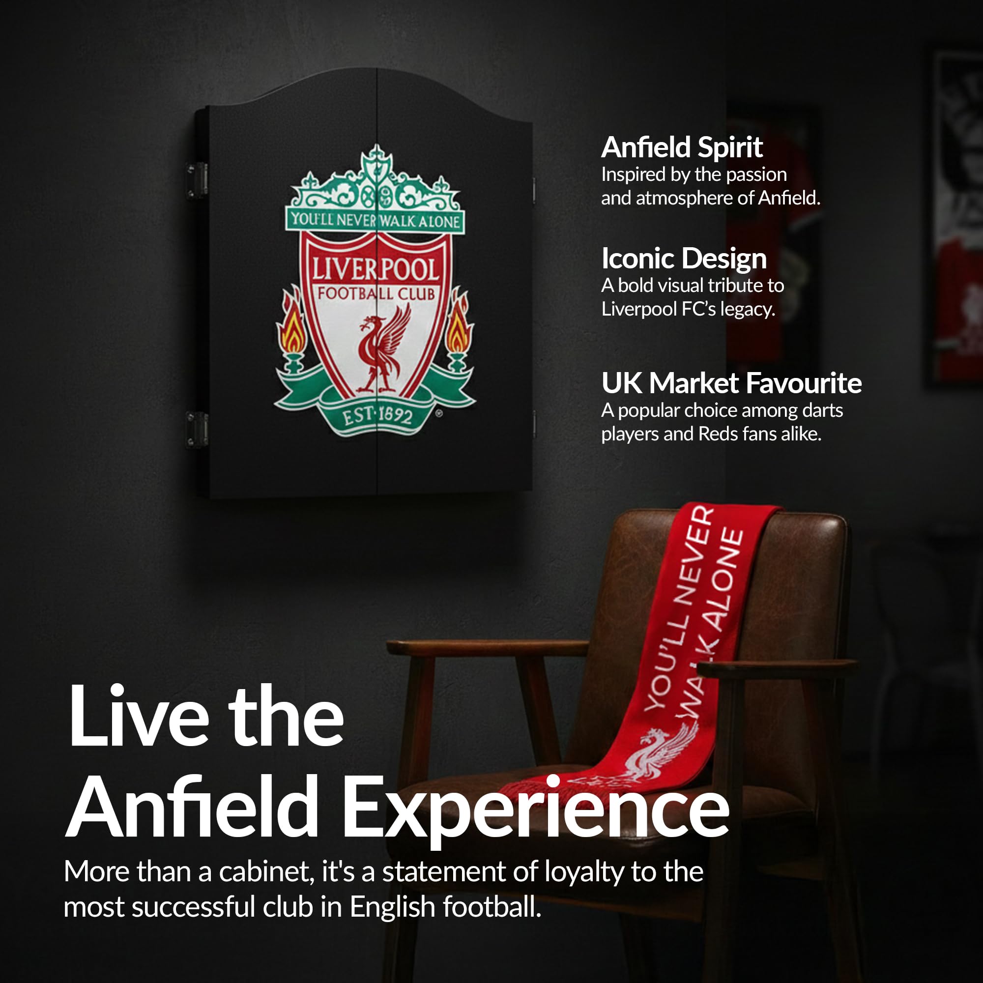 FOCO Gabinete de dardos y diana con licencia oficial del Liverpool Football Club The Reds, escudo del club, negro (CAB076)