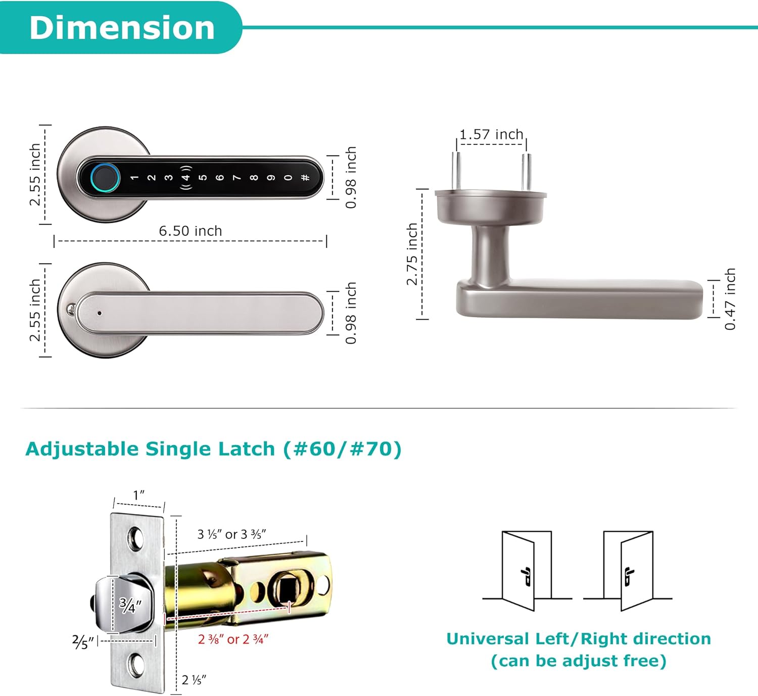 Diagram showing the dimensions of the CATCHFACE Smart Lock and its adjustable latch