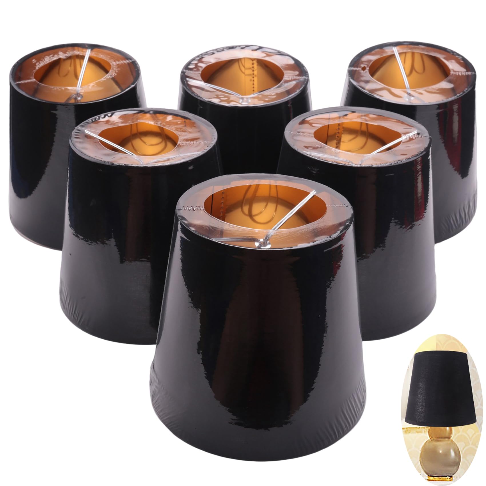 Black Lamp Shades with Gold Lining Clip on Light Shades Candle Chandelier Lampshades, Set of 6
