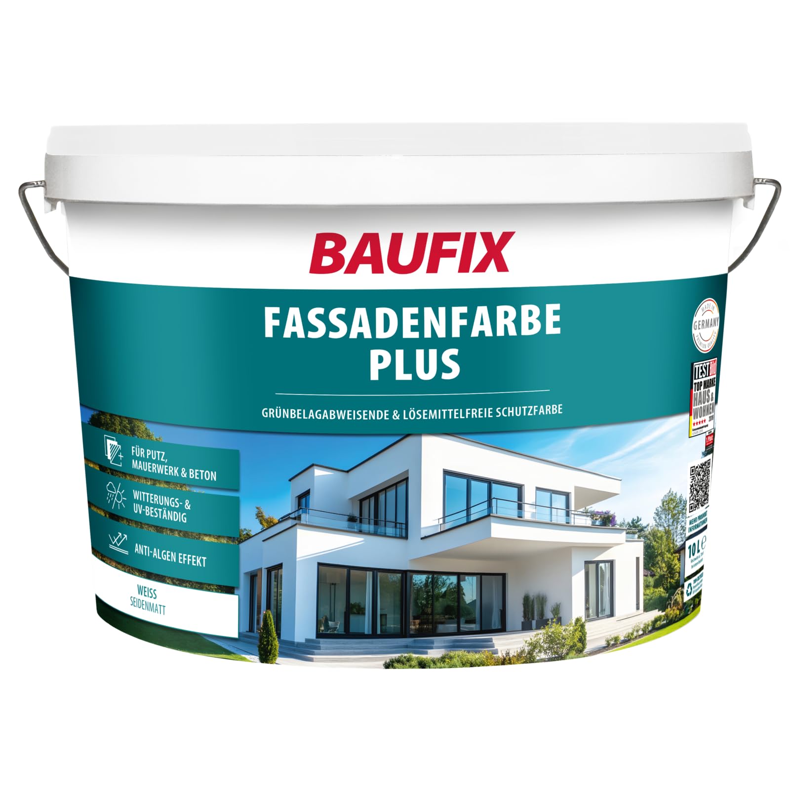 BAUFIX Fassadenfarbe Plus weiss, seidenmatt, 10 Liter, Außenwand Farbe, für außen, Anti-Grün-Formel, scheuerbeständig, wasserabweisend, wetterbeständig