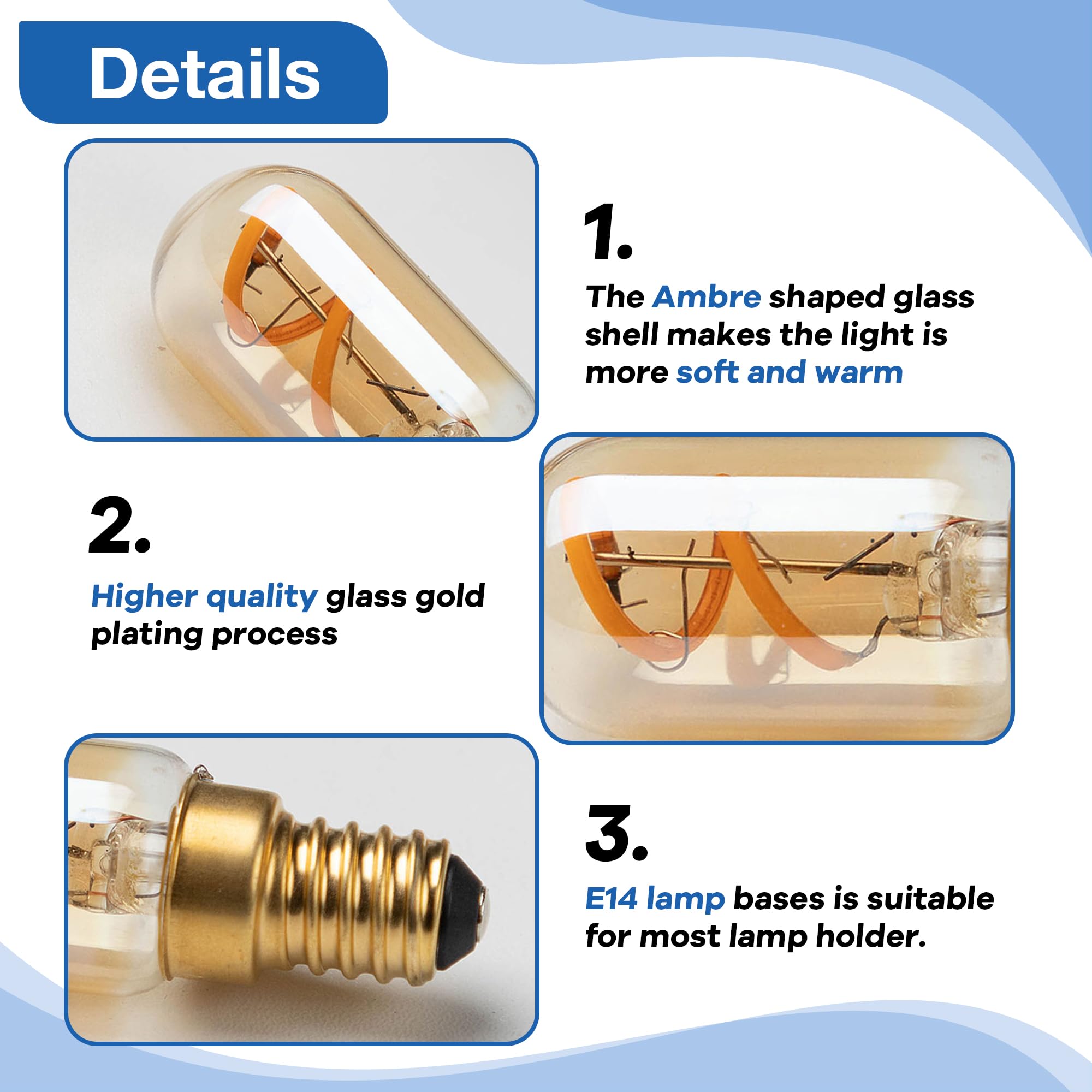 Ampoule LED E14 1W T22 Tube En Verre Ambre Vintage Edison 220V Equivalent 10W 2200K Blanc Ultra Chaud 100Lumen Non Dimmable Lot De 5