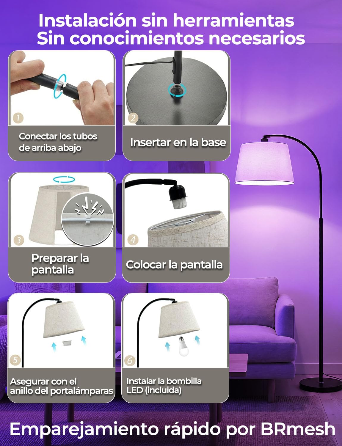 Lámpara de Pie Arco LED Salon Moderna RGB Inteligente, 170CM Control dual mediante interruptor de pie y aplicación, Regulable con bombilla, CRI92, 2700-6000K, 10W 1200LM, para Salón Dormitorio Oficina