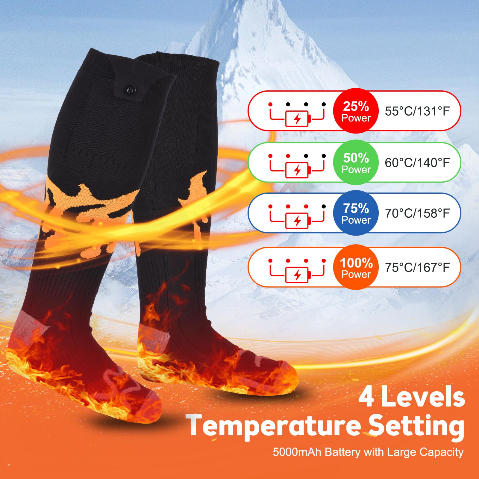 Ailgely 5000mAh Unisex Electric Heated Socks,Rechargeable Electric Heated Socks with Temperature Control,Warm Heated Socks Winter,360° Ring Heating,Washable,for Outdoor Activitie