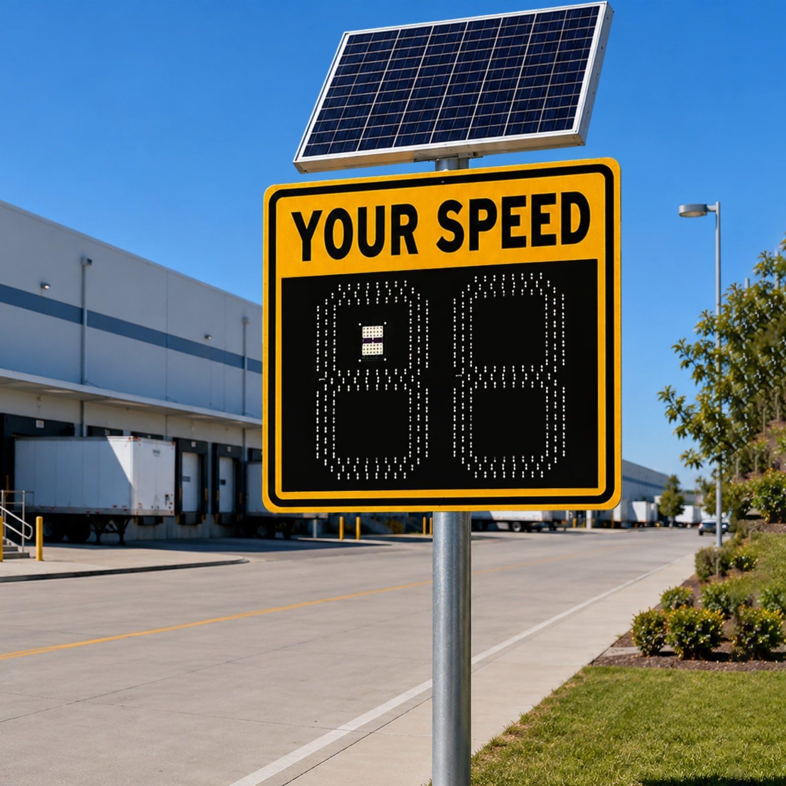 HCAUYNN 24"x24"(24"x27") Vehicle Activated Speed Sign, Solar LED Radar Feedback Display with 2(3) Digit Speed Indicator, Weatherproof for Residential Areas & Logistics Warehouses yellow-2Digit
