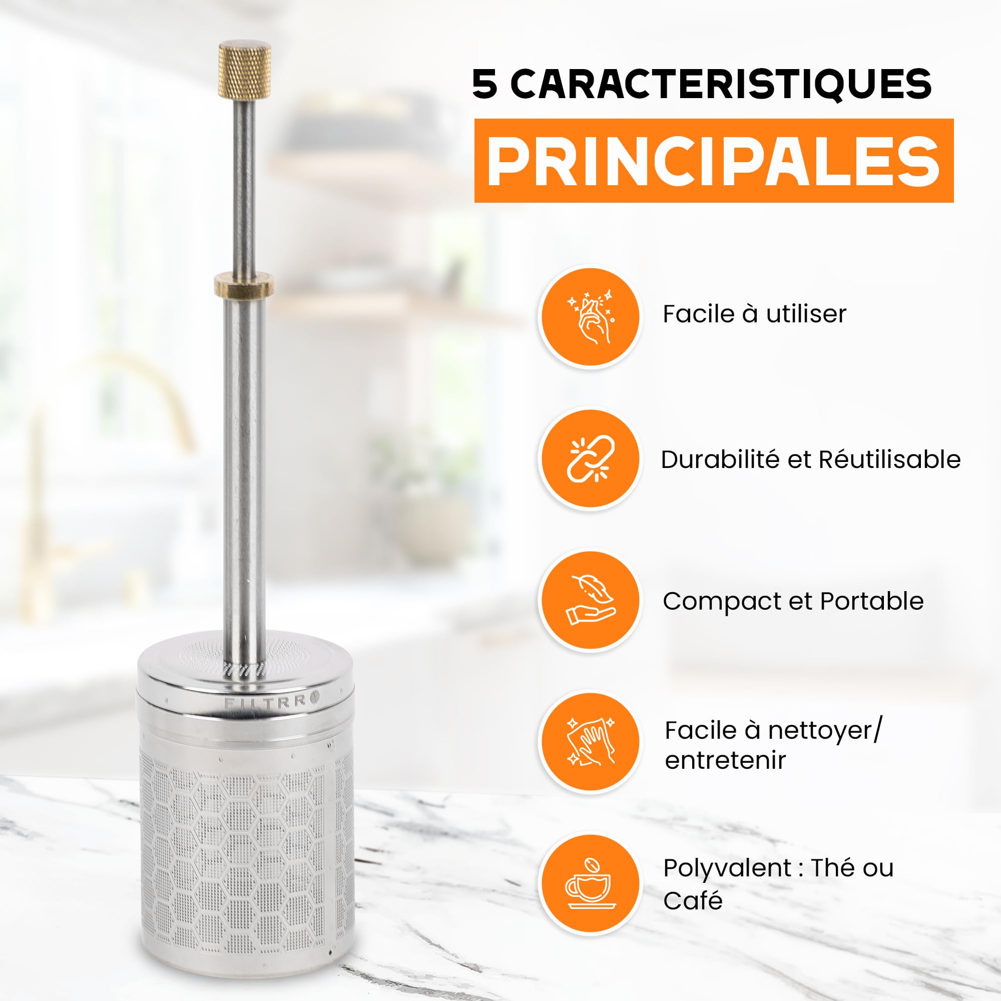 Prensa de filtro portátil de acero inoxidable para café y té, filtro reutilizable sin papel