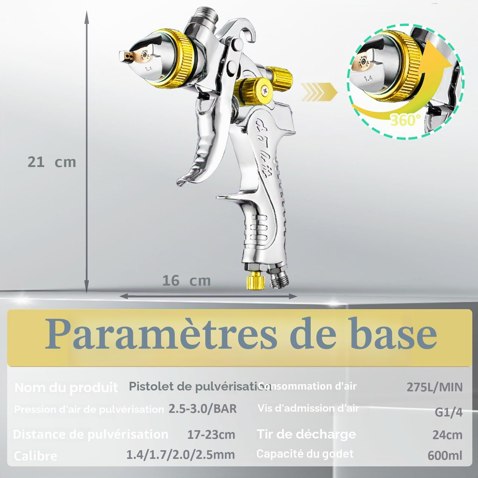 HVLP Kit Pistolet à Peinture Professionnel avec 4 Buses – 1,4 mm, 1,7 mm, 2,0 mm et 2,5 mm, Pistolet à Peinture Professionnel à air comprimé avec gobelet en Plastique de 600 ML (Jaune)