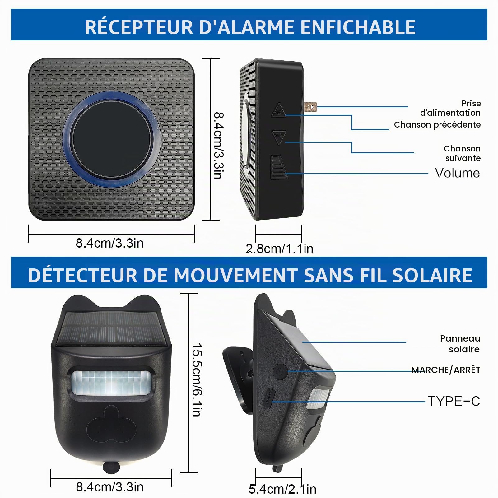 Topyond Système d'alerte pour Allée, Système D'alarme Solaire | Alarme Maison sans Fil avec détecteur de Mouvement extérieur, 1 Détecteur, 2 Récepteurs, Protection de la Maison,110-240V(EU)