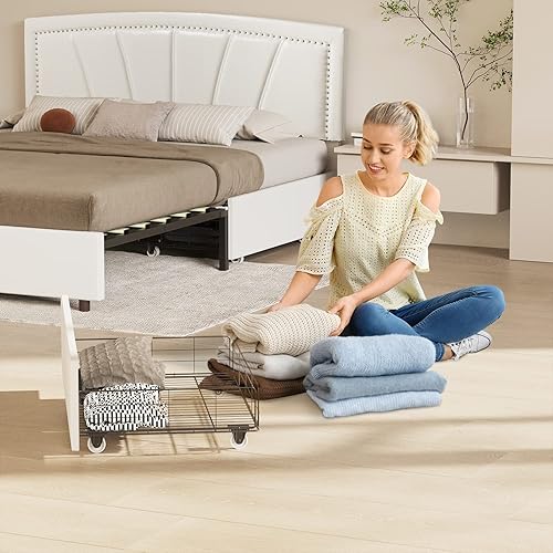 Miniatura 15 de BONSOIR Base de cama tapizada de tamaño matrimonial con plataforma tradicional tapizada de perfil bajo con cabecera copetuda y clavos, no necesita