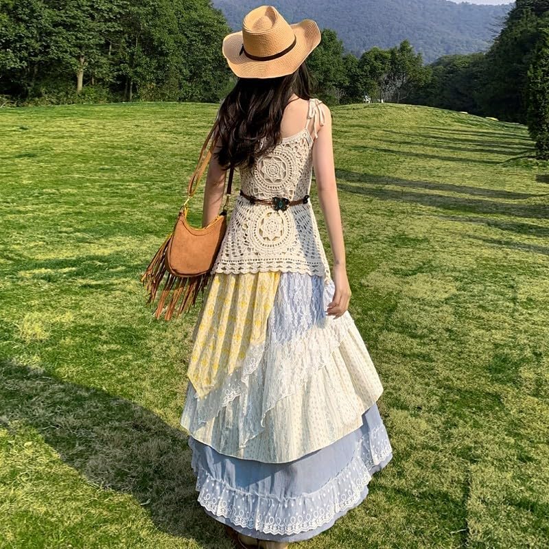 Bohemian Vacation Style Irregular lace midi Skirt for Women in Summer high Waisted with Ruffled Edges Loose A-line Skirt2