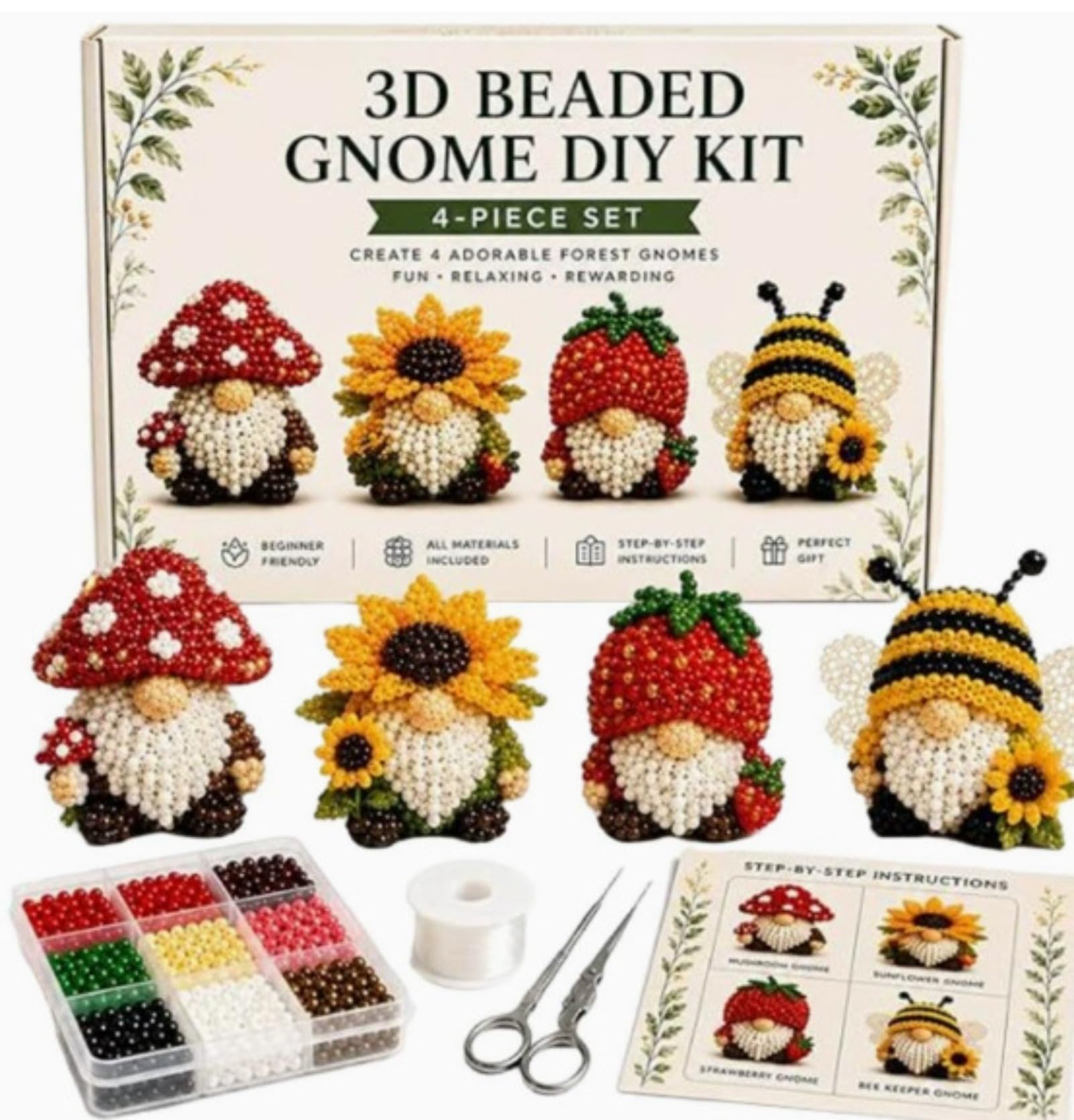 Hamosky 3D Beaded Animal DIY Kit, Handmade 3D Beadwork Art Craft Set, DIY Animals Beadwork Craft Kits,Beginner Friendly Craft Kit with Step-by-Step Instructions for Teenss (Flower Gnome DIY Kit)